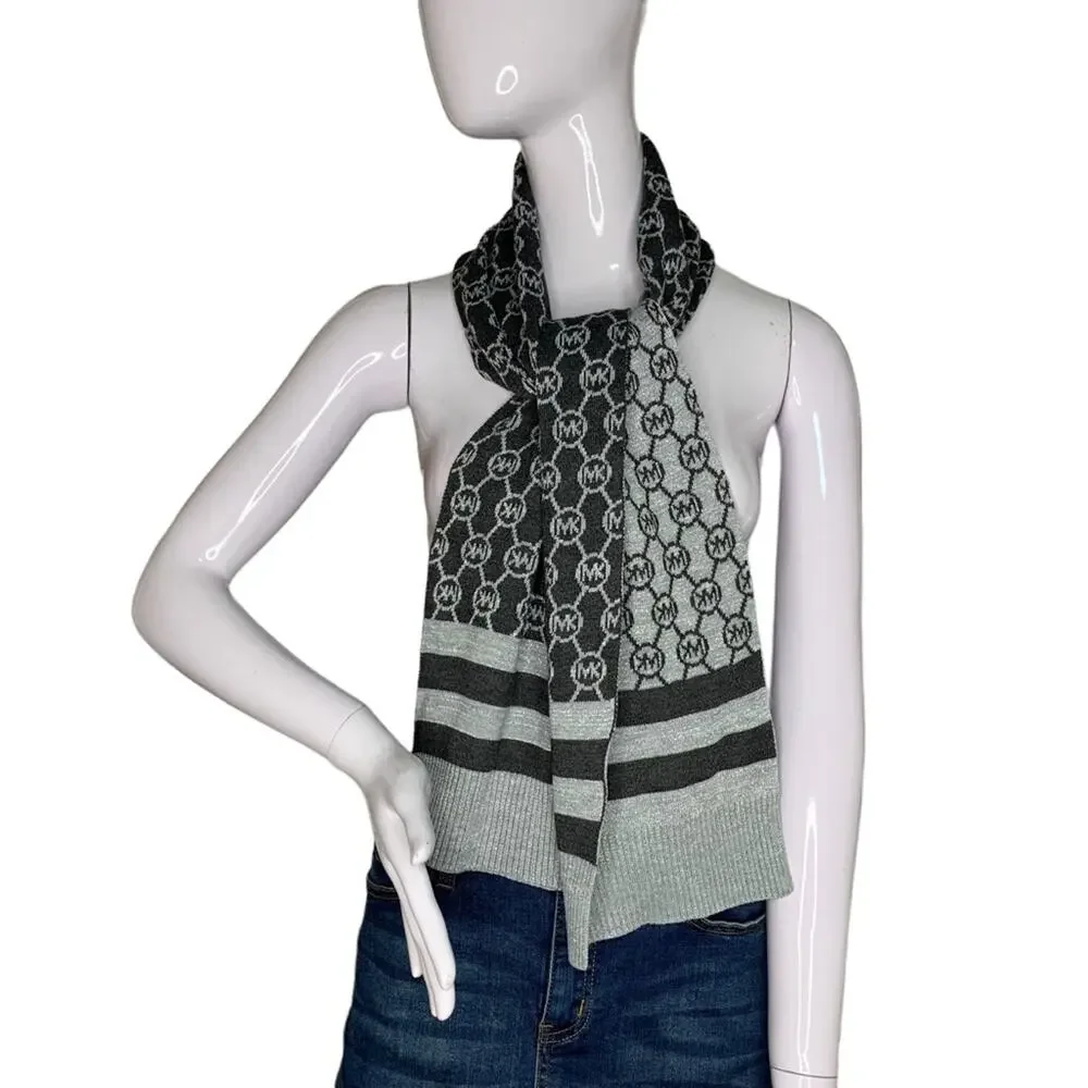 Michael Michael Kors Jet Set Logo Knit Scarf Charcoal and Metallic Silve
